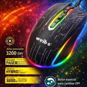 Mouse Gamer WEIBO Ortho-Pin Light RGB – Precisión Óptica, Iluminación LED y Alto Rendimiento